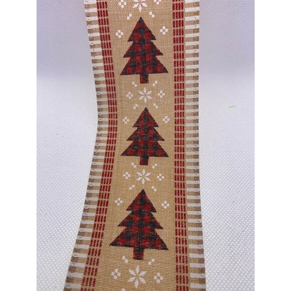 2.5” Red & Black Buffalo Check Plaid Beige Christmas Tree Snowflake Ribbon Bow - Picture 2 of 3